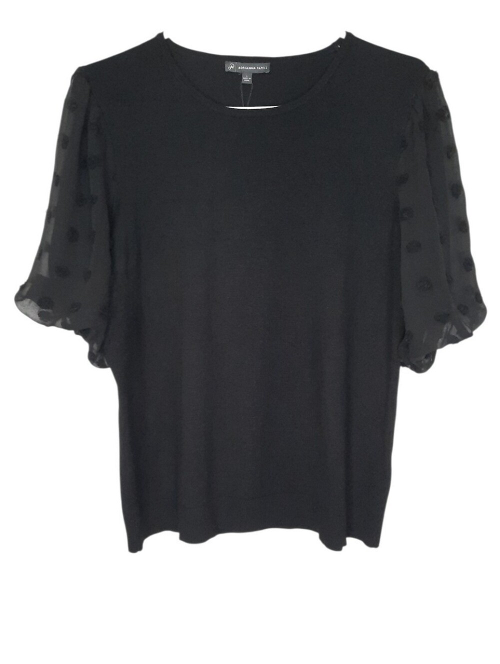 Adrianna Papell Crew Neck Bubble Sleeve Swiss Dot Sweater Black Womens Size L